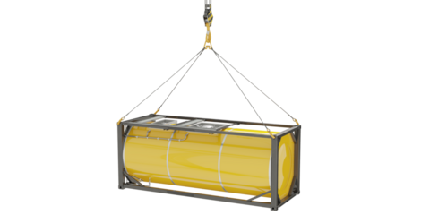 Yellow liquefied gas tank hanging from hooks. Side view of liquid cargo tank isolated on transparent background. Without labels. 3d illustration