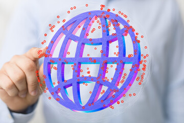 Person interacting with a digital globe, representing global connectivity and networking.
