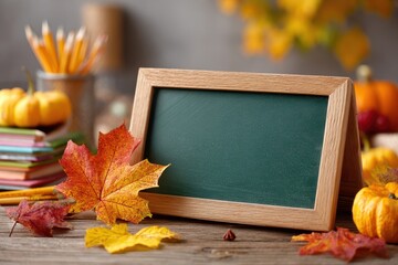 A blank chalkboard surrounded by autumn leaves, pumpkins, books, and pencils offers a charming seasonal backdrop perfect for educational or festive messages.