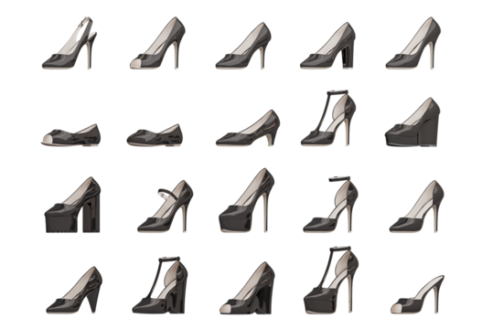 Variety of black female shoes isolated on transparent background. 3D illustration.
