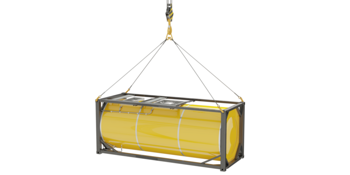 Yellow liquefied gas tank hanging from hooks. Side view of liquid cargo tank isolated on transparent background. Without labels. 3d illustration