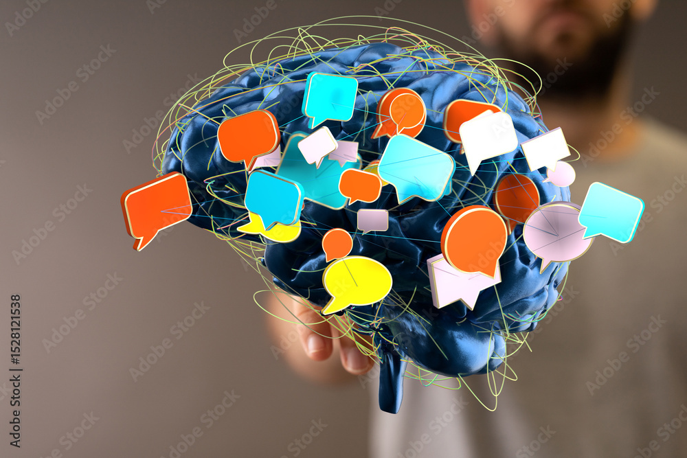 Aufkleber 3d illustration of a brain with colorful speech bubbles, representing communication and ideas.