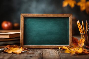 Obraz na płótnie Canvas Back to school, blank chalkboard on wooden desk with books, pencils and leaves for school advertising banner with educational elements and autumn vibe, copy space available.