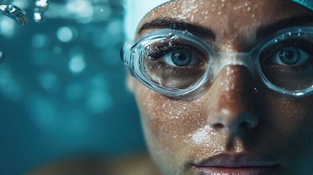 A close-up shot of a determined swimmer gazing intensely underwater, showcasing their focus and readiness for competition or intense training in a pool environment.