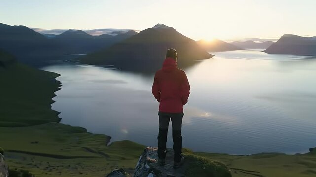 A serene sunrise scene featuring a hiker standing on a rugged mountain cliff, overlooking the calm waters and fjord-like landscape of Klakkur in the Faroe Islands.
