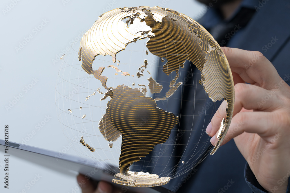 Poster Image of a person interacting with a 3D digital globe, symbolizing global business and networking.