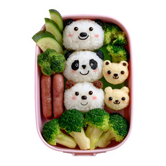 Cute bento box featuring panda-shaped rice balls, broccoli, and sausages arranged creatively