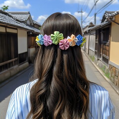 Naklejka premium Beautiful woman walking in a quaint village street with colorful flower hair accessory on a sunny day