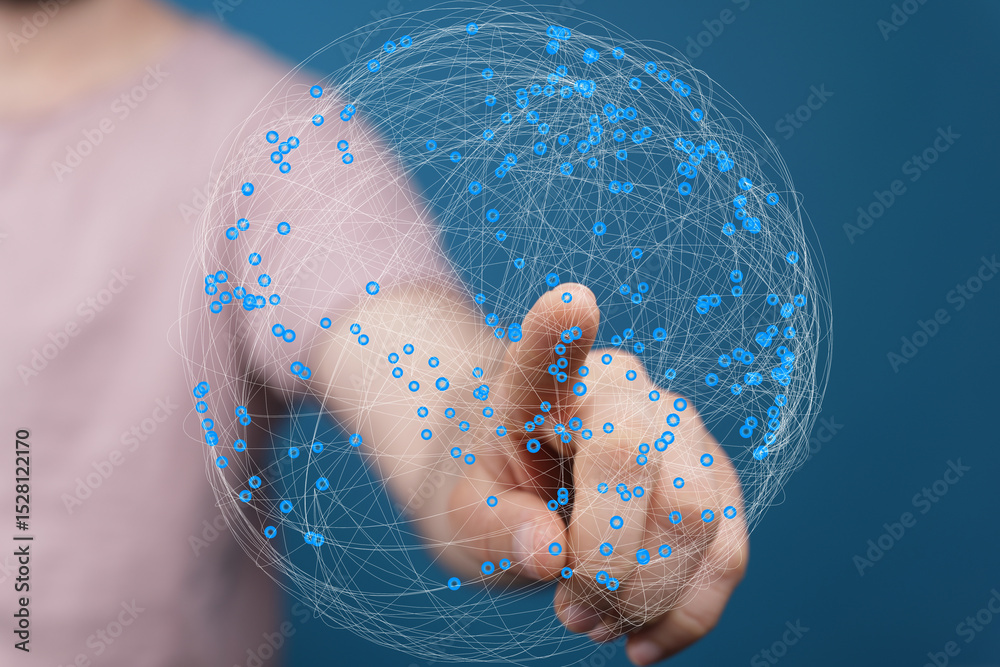 Fototapete Abstract image of a hand interacting with a digital global network.  Perfect for technology, connection, and globalization concepts.