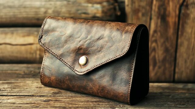Brown leather envelope wallet on a wooden surface