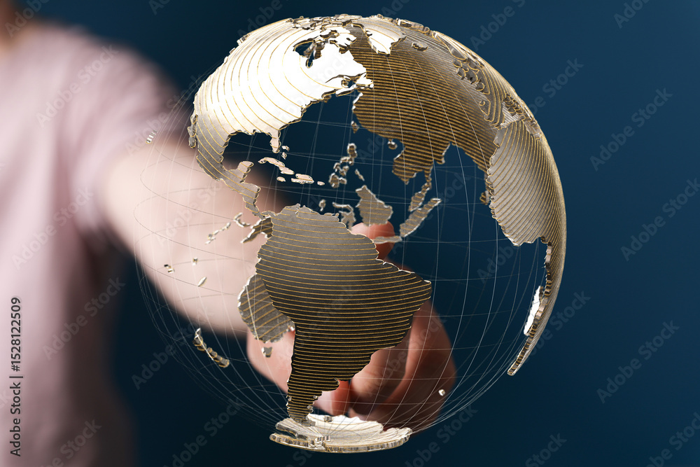 Aufkleber a hand interacts with a digital 3d model of the earth, symbolizing global connectivity and networkin