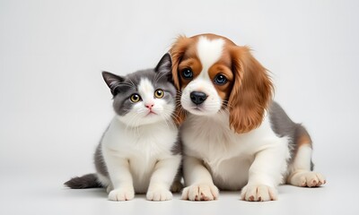 Adorable Grey Kitten and Cavalier Spaniel Puppy Friendship Against White Background