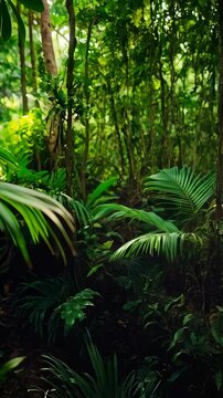 Woman's bare feet with beaded anklet resting on broad tropical green leaf in lush jungle setting. Sunlit rainforest scene.