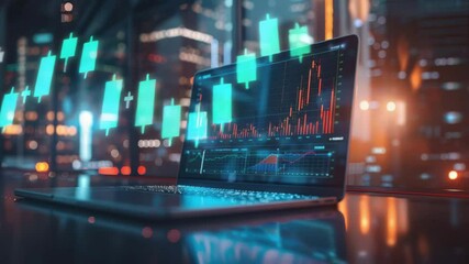 A laptop displaying financial stock charts sits on a desk in front of large city windows at night with digital data graphics overlay. - Powered by Adobe