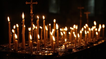 The flickering flames of the candles create a mesmerizing effect, drawing the viewers attention towards the cross.