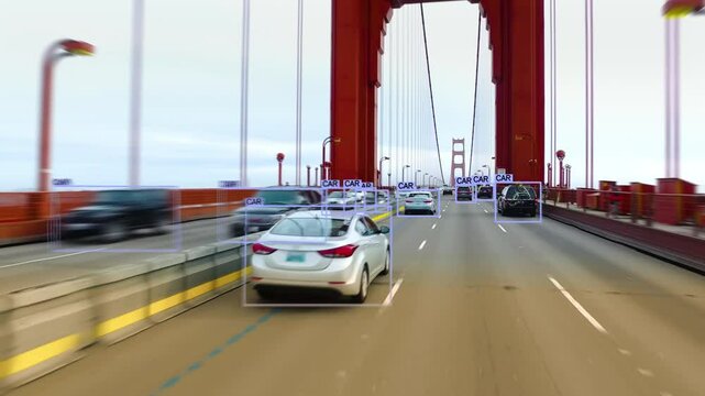 
POV Moving Autonomous Self-Driving Car With Virtual Hud Elements Driving Through Golden Gate Bridge, Scanning The Surrounding Cars And Road With Sensors. Concept Of Smart Futuristic Transportation.