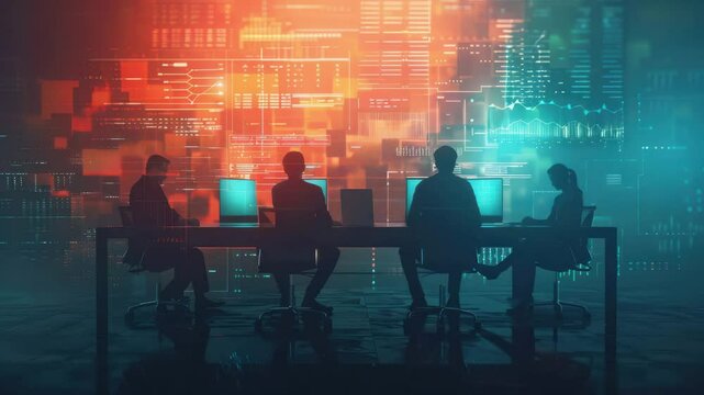 Four people sit at desks with computers, analyzing digital data displayed on a large, colorful futuristic screen.
