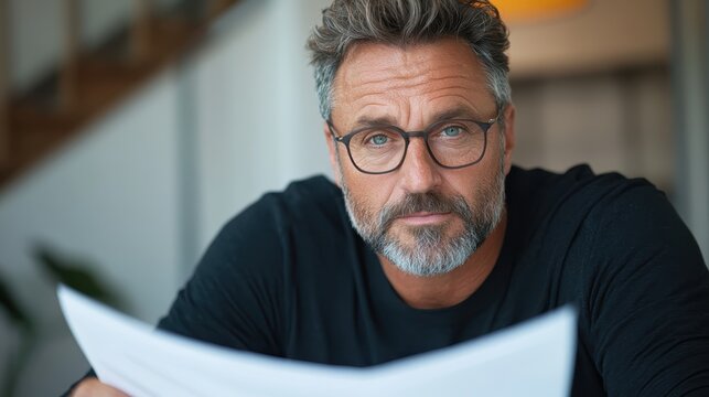 A thoughtful man with a well-groomed beard focuses on reading documents, exhibiting seriousness and introspection in a cozy and inviting indoor setting.