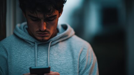 A young man is deeply focused on his mobile phone, absorbed in thought, capturing moments of contemplation and the influence of technology in our daily lives.