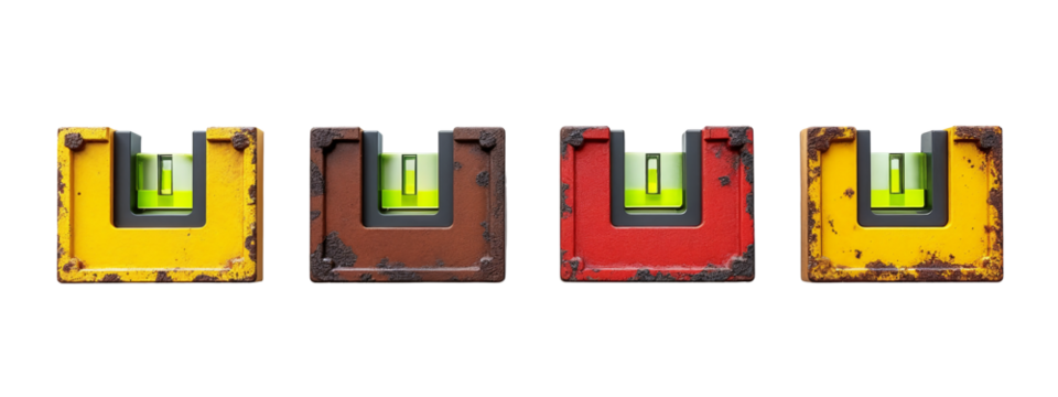 A set of four different colored metal objects