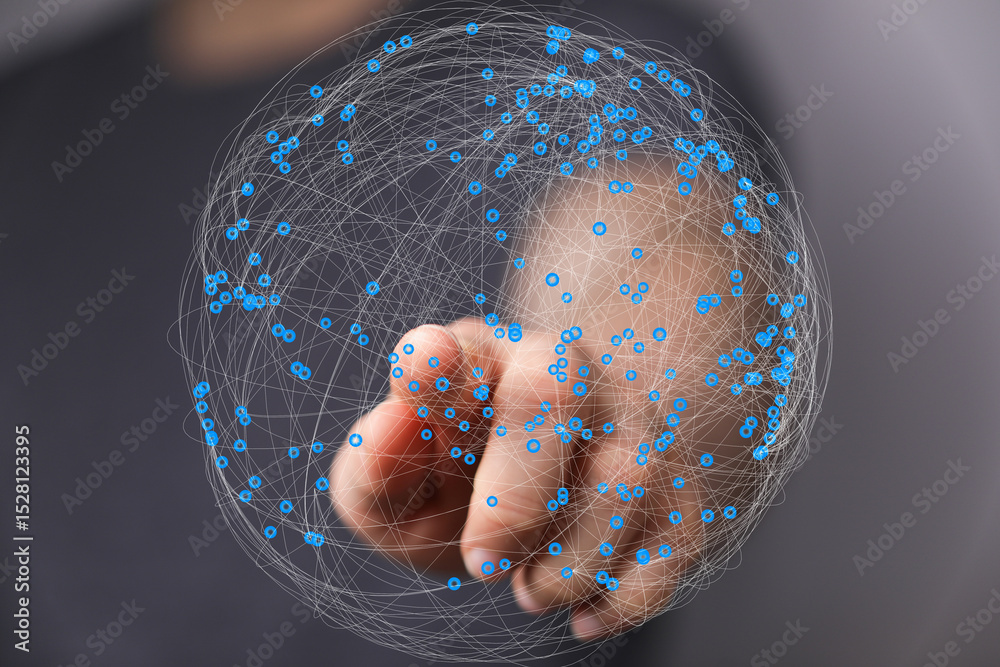 Poster Abstract image of a hand interacting with a digital sphere representing global network connections.