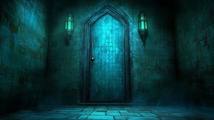 Obraz premium Mysterious door dimly lit corridor, surrounded by stone walls and glowing lanterns
