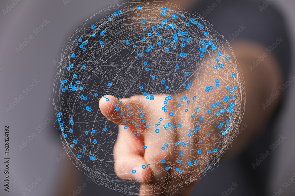 Aufkleber Abstract image of a hand interacting with a digital network, representing global connectivity and data visualization.