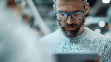 A bearded man in glasses immerses himself in reading on a tablet device, reflecting concentration and engagement in modern technology and contemporary life.