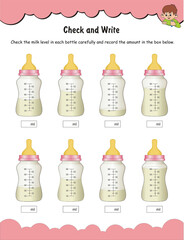 Baby bottle with milk, Baby feeding bottles, milk feeders, Feeder with measurements, measuring worksheet, plastic baby bottle isolated on a white background Includes measurements and a silicone nipple