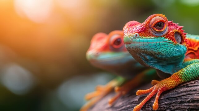 This spectacular close-up reveals two vivid, colorful chameleons perched on a log, showcasing their fascinating textures and vibrant coloration in a natural setting.