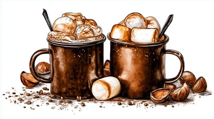 Cozy Winter Beverages: Delicious Coffee, Hot Chocolate Mugs with Toppings like Marshmallows, Whipped Cream, and Cinnamon &ndash; A Festive Treat for Indulgence and Comfort