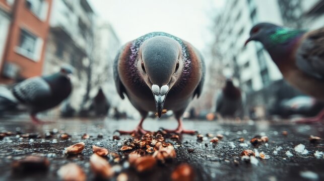 A close-up image capturing a pigeon pecking at grains on a cobblestone street, representing the interaction between wildlife and city life amidst urban surroundings.
