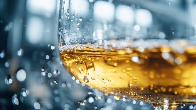 A close-up view of a sparkling drink in a glass, capturing intricate droplets and bubbles that reflect light, showcasing the refreshing quality and allure of beverages.