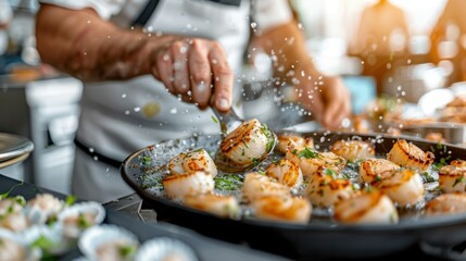 A chef skillfully prepares scallops, showcasing culinary expertise while capturing the essence of fine dining and the joyous art of cooking in a bright kitchen environment.