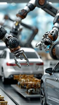 Robotic arm performs precise tasks in high-tech laboratory setting with multiple screens displaying data