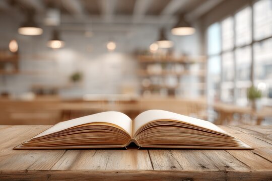 An open book lies on a rustic wooden table, inviting readers to immerse themselves in stories and knowledge, set against a blurred background cafe.