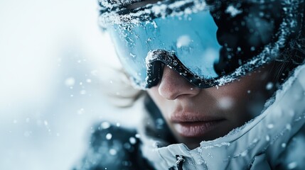 A close-up of a winter athlete's face wearing goggles amidst falling snow, conveying determination, focus, and the thrill of outdoor sports in a chilly environment.