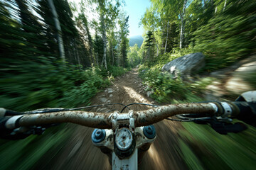 First person view of mountain biking down a rugged trail through a lush green forest, providing an exciting experience and connecting with nature during a summer day.