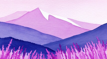 Serene Watercolor Landscape of Mountains at Sunrise with Pink and Purple Hues | Abstract Artistic Expression in Soft Gradient Layers and Peaceful Scenery Enhancing Nature's Beauty