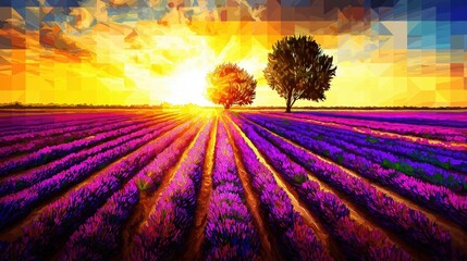 Vibrant Lavender Field at Sunset: A Scenic Landscape of Purple Flowers, Tranquility, and Natural Beauty - A Serene Outdoor Experience in Rural Agriculture and Botanical Growth