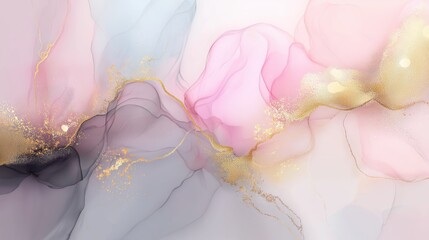 Elegant Abstract Art: Soft Pink, Gold, and Gray Fluid Design with Modern Watercolor Texture - Vibrant Waves and Gentle Gradients for a Contemporary, Artistic Background
