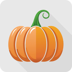 Bright and vibrant vector illustration of a cartoon-style orange pumpkin with green stem on a light gray background, perfect for autumn themes.