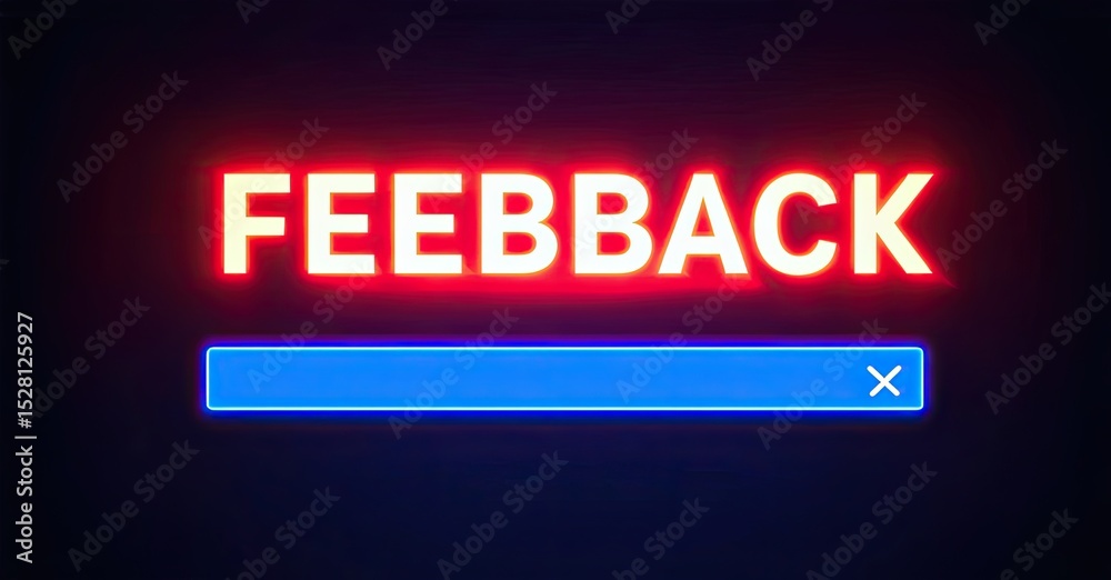 Poster Neon sign displays feedback request. Blue loading bar indicates progress. Dark background enhances glowing text, simple design.