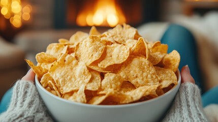 A tempting bowl of crispy tortilla chips awaits, perfect for sharing during a cozy gathering, sparking memories of fun moments and flavorful experiences with friends.