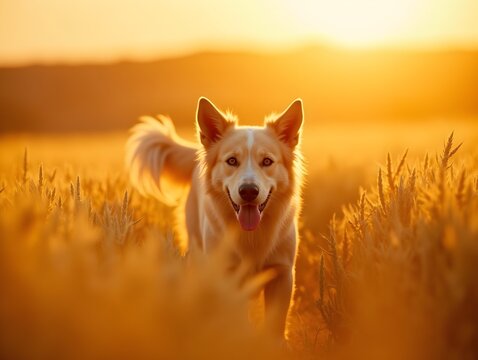 Beautiful dog exploring golden wheat field at sunset