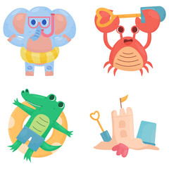 Fototapeta premium Summer Fun Animals Enjoying the Beach, Elephant, Crab, Crocodile and Clam.