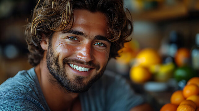 Handsome Man with Long Curly Hair Smiling in a Kitchen with Fruit