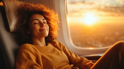 A woman enjoys a peaceful moment during a flight as she smiles, relaxing while the sunset casts a golden glow through the airplane window, creating a serene atmosphere.