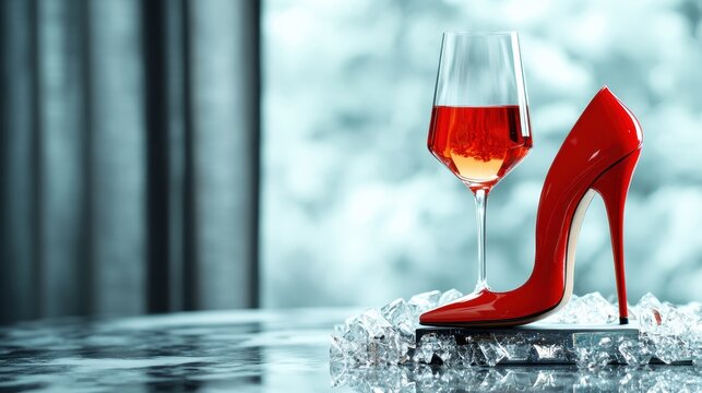 A striking image of a red high heel placed next to a glass of sparkling drink on a table, blending fashion elegance with an inviting atmosphere, ideal for sophisticated social events.