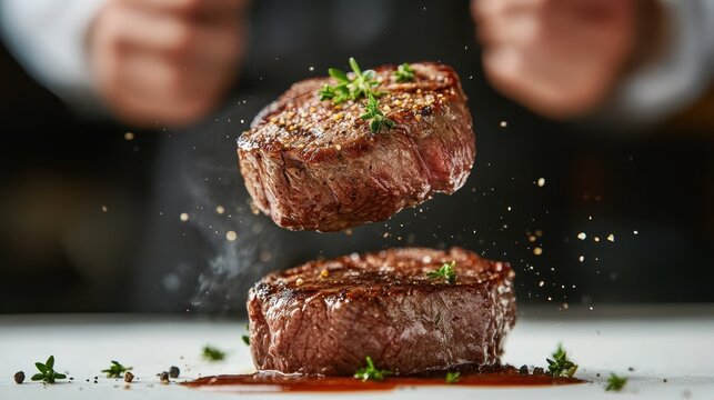 An expertly cooked steak levitating above a plate, garnished with fresh herbs and spices, embodies culinary excellence and sophisticated dining at its finest.